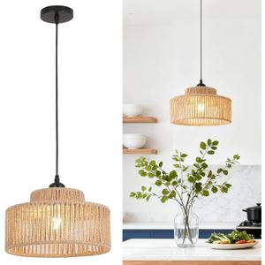 Rattan Pendant Light,11 Inch Boho Kitchen Island light Fixtures,Handmade Woven Hanging Lamp,Wicker Small Chandelier,Coastal Hanging Lights for Bedroom Kitchen Living Room Hallway Restaurant Foyer