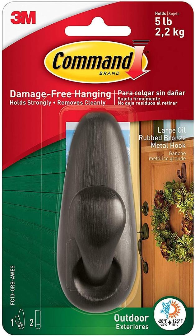 Command Outdoor Forever Classic Metal Hook 891XJ, Large, Oil Rubbed Bronze, 2-Hook with Foam Strips