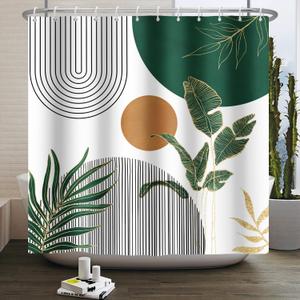 Mid Century Boho Modern Shower Curtain for Bathroom Abstract Sun Arch Geometric Leaves Minimalist Shower Curtain Set Waterproof Polyester Fabric 72x72 Inches (Green Orange)