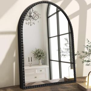 Arched Mirror for Bathroom, Black Arch Wall Mirror, Vintage Metal Beaded Frame Decorative Mirror for Accent Living Room Vanity Bedroom Entryway Large 26"x18"