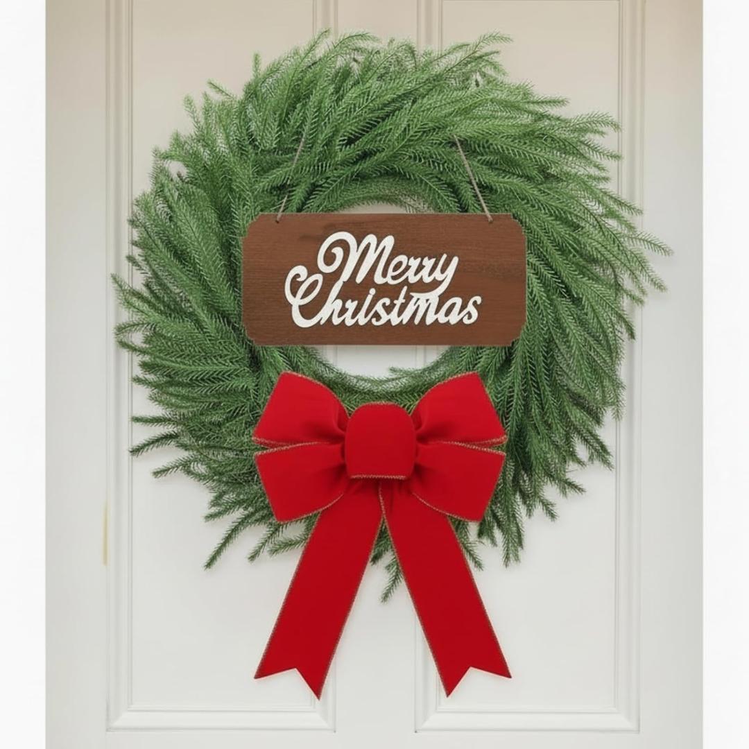 Daifunli 24" Rustic Christmas Wreath with Wooden Sign & Velvet Bow Farmhouse Norfolk Pine Door Decor Shake to Fluff Fullness Winter Holiday Wall & Window Accent Reusable Xmas Gift