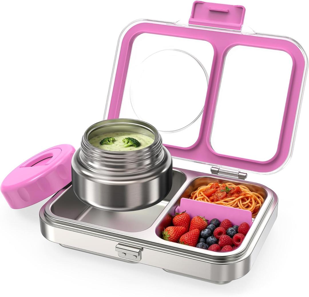 HOMEKOL Stainless Steel Bento Lunch Box + 9.5oz Insulated Food Jar, Purple | 2-Compartment Leak-Proof Container for Kids & Adults, BPA/BPS-Free, 18/8 Metal, Dishwasher Safe, Clear Tritan Lid