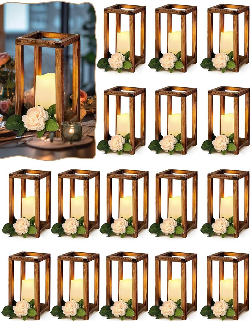 Huquary 32 Pcs/16 Set Wooden Wedding Lantern Centerpiece Include Farmhouse Candle Holders and Flameless LED Candles for Rustic Wedding Table Decoration