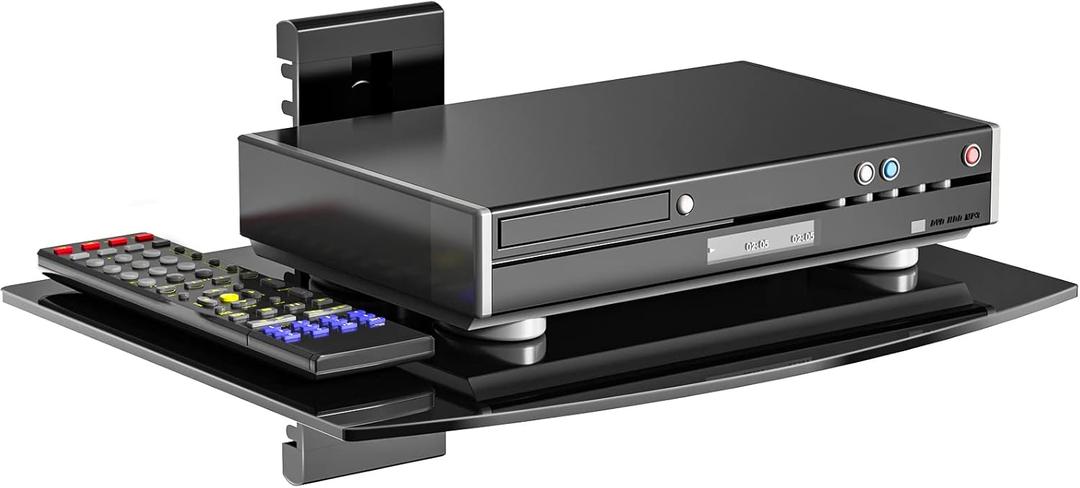 WALI Floating TV Shelf, 1 Tier Glass Projector Shelf for DVD Players, Routers, Game Consoles, Cable Boxes, Living Room Decor, Wall Mount Shelves Hold Up to 17.6lbs (CS201B), 1-Shelf, Black