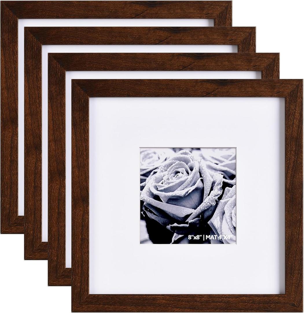 Yaetm 8x8 Picture Frame Set of 4, Brown Wood Grain Square Frame Display 4x4 with Mat or 8 x 8 without Mat, Frames 8x8 Wall Mounting (4 pack, Brown)