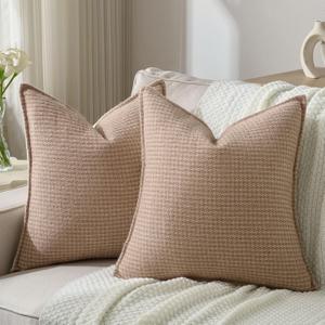 FUTEI Camel Decorative Throw Pillow Covers 18x18 Inch Set of 2,Soft Houndstooth Gingham Textured Cushion Case,Modern Home Decor for Couch Bed Living Room