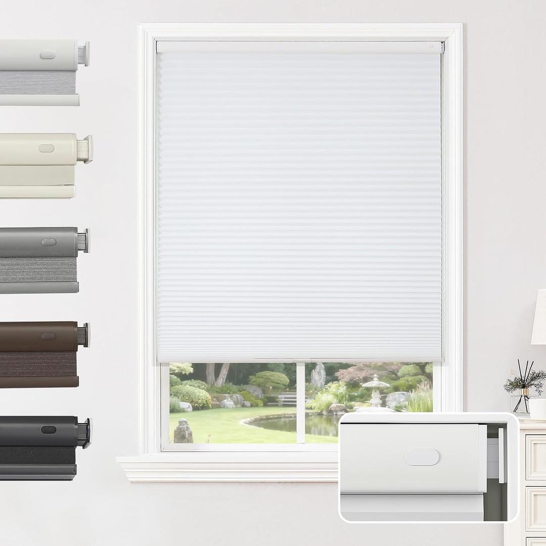 Joydeco No Tools No Drill Window Blinds for Indoor Windows, Blackout Shades Cellular Shades Cordless, No Drill Blinds for Windows, Window Shades for Home, Bedrooms, Doors (White, 54" W x 64" H)