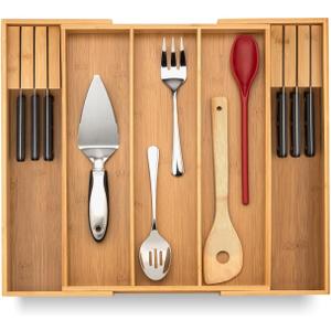 Purawood Kitchen Drawer Organizer with Knife Blocks - Utensil Drawer Organizer for Kitchen, Cutlery Tray & Silverware Organizer, 3-5 Slots - Bamboo Organizer for Utensils & Flatware (Natural)