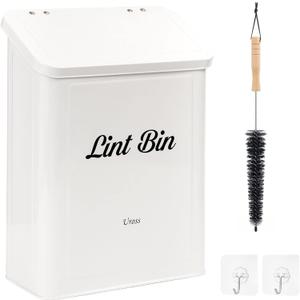 Uross Magnetic Lint Bin with Lint Brush, Metal Wall Mounted Dryer Lint Box Holder Keeper Organization with Lid, Stylish Laundry Room Decor -White