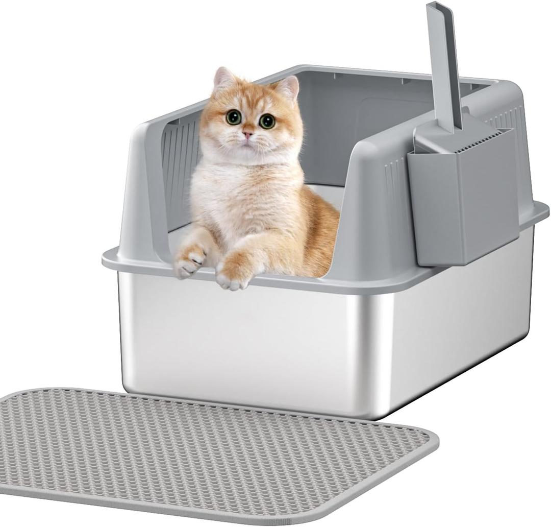 Stainless Steel Cat Litter Box with Lid,XL,19.7L x 13.8W x 11.8H Deep,Metal Litter Box with High Side,for Small and Large Cats,with a Scoop and Scoop Storage Box Litter Mat Double,Easy Cleaning (Grey 4 pcs gifts (11.8 deep))