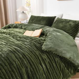 Andency Olive Green Fluffy Duvet Cover Queen, Striped Plush Microfiber Fleece Comforter Cover, Ultra-Soft Lightweight Bed Set, 3 Piece Warm Faux Fur Bedding for All Season, Two-Way Zipper