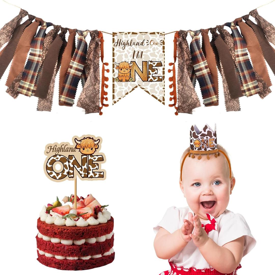 3 Pcs Highland Cow Birthday Decorations, High Chair Banner Hat Cake Topper, One Banner, First Rodeo Birthday Party Supplies