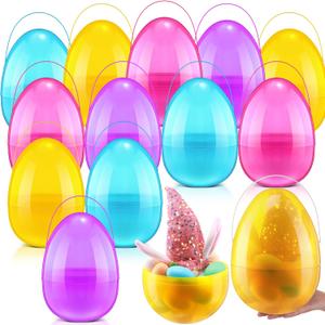 12 Pcs Easter Giant Plastic Eggs 10 Inch Jumbo Large Translucent Fillable Easter Eggs with Handles Surprise Basket for Easter Decoration(Pink,Blue,Yellow,Purple)