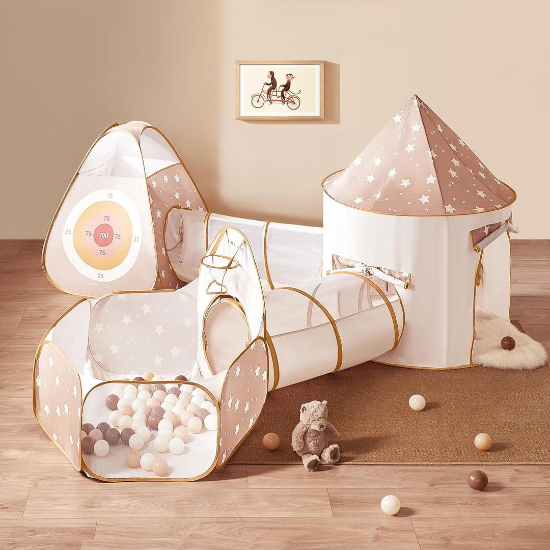 Tiny Land Play Tunnel and Ball Pit for Toddlers, 5pcs Indoor Playground - Foldable Pop Up Tents with Carry Bag, Outdoor Playhouse with Crawling Toys & Play Tent, Gift for Boys and Girls (5 in 1 Khaki)