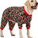 LovinPet Dog Christmas Onesies for Large Dogs, Xmas Holiday Dog Costume,Long Sleeve Lightweight Pullover, Joy Holiday Wreaths Black Prints, Pjs for Dogs, Pitbull Clothes, Christmas Outfit, Medium (Red)