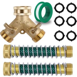 Triumpeek 3/4" Brass 2 Way Hose Splitter, Brass 2 Way Garden Hose Connector with 2 Pcs Garden Hose Coiled Spring Protectors and 6 Rubber Washers