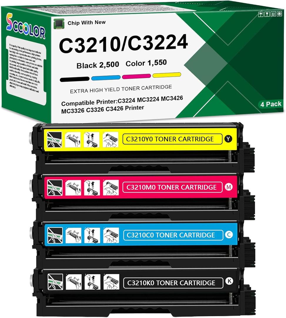 C3224 C3210 C3326 Toner Cartridges Extra High Yield Compatible for Lexmark C3224 C3210 C3210K0 C3210C0 C3210M0 C3210Y0 Replacement for Lexmark C3224 MC3224 MC3426 MC3326 C3326 C3426 Printer