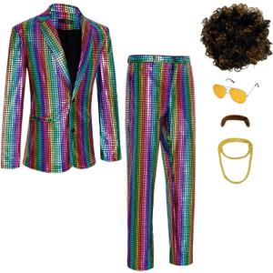 Men's 70s Disco Costume Shiny Metallic Sequin Suits Set Prom Party 2 Piece Outfits (3X-Large)