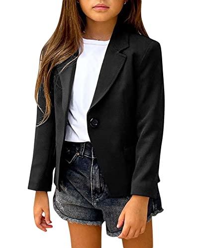 Girls Solid Color Lapel Suit Coat Button Down Long Seelve Blazer Jacket Black S