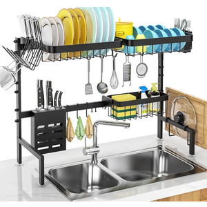MERRYBOX Large Over The Sink Dish Drying Rack (33.4"-41.3") 2 Tier Length Adjustable Dish Drainer for Kitchen Sink Auto Drainage Space Saving Kitchen Organizer, Black