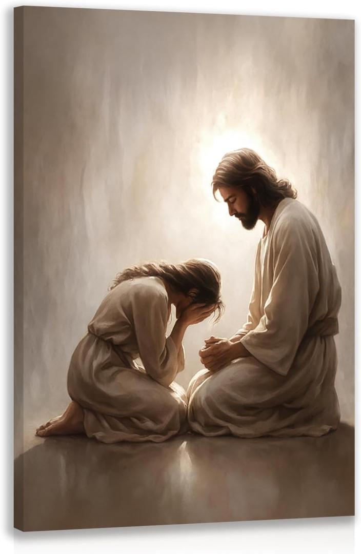 FASWQ Framed Jesus and Woman Wall Art, Christian Repentance and Forgiveness Canvas Painting, Sacred Heart Biblical Wall Decor, Christ Religious Poster Print for Church LDS Home Living Room 12"x16"