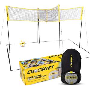CROSSNET Quick Assemble 4 Square Volleyball Game Set for Adults and Kids with Volleyball Net, Backpack and Ball for Outdoor Games
