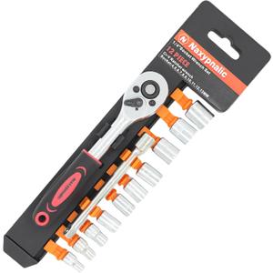12 pcs 1/4 Inch Ratchet Socket Wrench SetSmall socket set with 4mm-13mm Metric Sockets Quick release ratchet handles and extension bar.