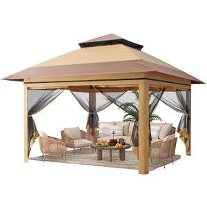 Driftalia 13x13 Pop Up Gazebo, Instant Outdoor Gazebo with Mosquito Netting, Vented Roof and Carry Bag for Patio, Garden & Backyard - Beige & Coffee