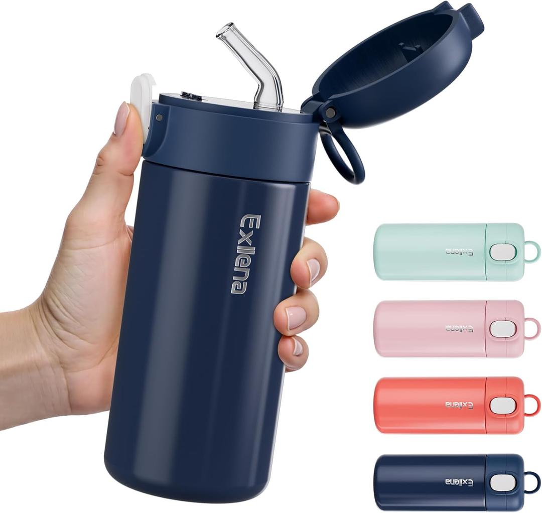 10oz Small Insulated Water Bottle with One-Touch Soft Straw Lid, Double-Wall Vacuum Small Travel Water Bottle for Cold&Hot DrinksLeak-Proof, Mini Flask for Handbag,Sport(Navy Blue)