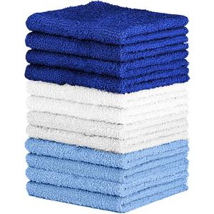 QUBA LINEN 100% Cotton Washcloth Set – Soft, Absorbent Face Towels for Bathroom & Gym Use – Durable & Reusable Wash Cloths - (Blue, White and Navy (12x12), (Pack of 12)