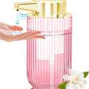 10 oz Automatic Touchless Glass Soap Dispenser, Rechargeable Hands Free Ribbed Liquid Soap Dispenser with Electric Sensor Pump, Refillable Soap Bottle for Bathroom Kitchen Dish Countertop (Pink)