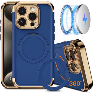 COOLQO for iPhone 15 Pro Max Case 6.7'' Upgraded 360 Spin Magnetic Stand [Compatible with Magsafe][Military Protection] Shockproof Protective Phone Holder Cover for iPhone 15 Pro Max, Blue Gold