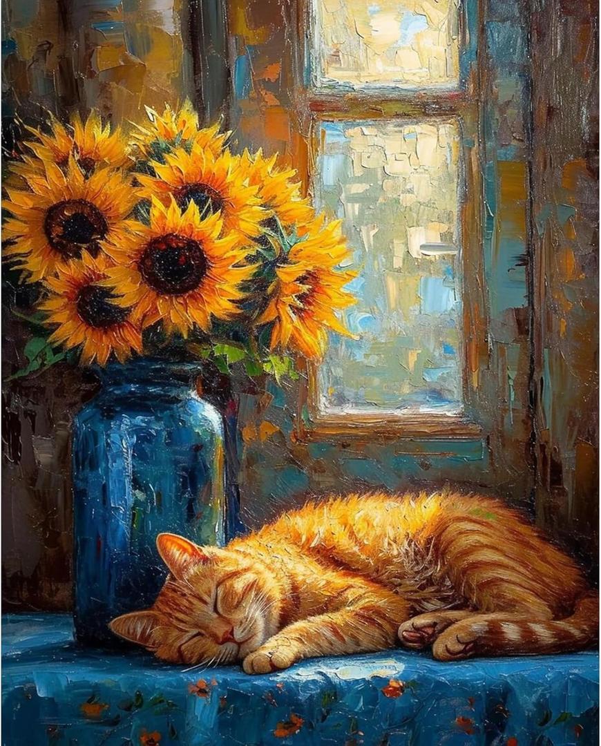 Fountor Paint by Numbers Kit for Adults Beginner, Sunflower Cat Adult Paint by Number Kits on Canvas Without Frame, Cat Sunflowers Oil Paint by Numbers for Home Decor Gift 16 W x 20L (Frameless, LO718)