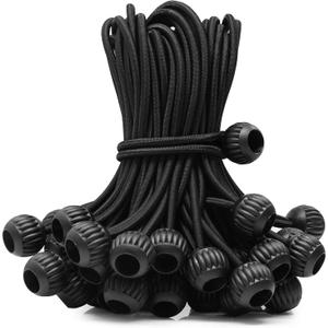 Ball Bungee Cord 4 inch,Black Color, High Elastic Shock Bungee Tie Down Cord, Real Rubber, 50-Piece, UV-Resistant, Heavy Duty