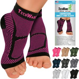 TechWare Pro Ankle Brace Compression Sleeve - Plantar Fasciitis Sock. Relieves Achilles Tendonitis. Foot Arch Support Reduces Joint Pain, Swelling & Heel Spur Pain. Injury Recovery Braces for Sports (S / M (see size chart), Black / Pink)