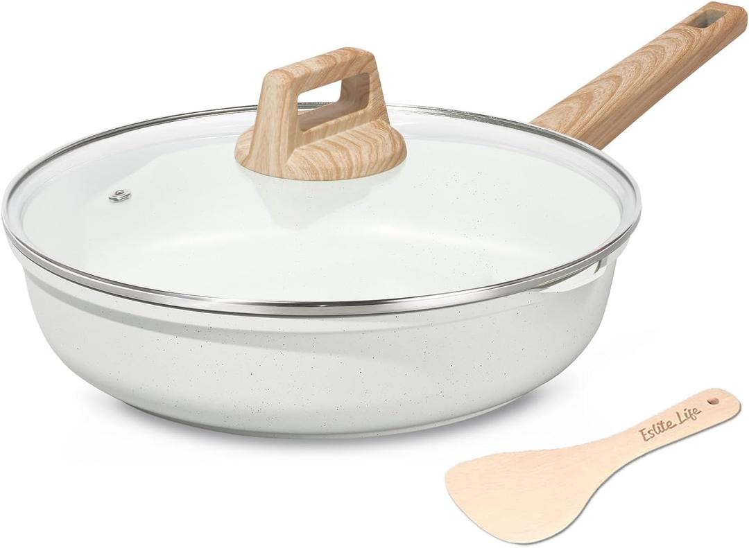 ESLITE LIFE Nonstick Frying Pan Skillet with Lid, Healthy Granite Coating Egg Omelette Pan Stone Cookware Chef's Pan, PFOA Free(Cream, 8" w/Lid & Spatulas)
