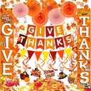 Famoby GIVE THANKS Hanging Banner Porch Sign Autumn Pumpkin Maple Leaf Backdrop Flag Banner Paper Fan&Swirls for Thanksgiving Party Decorations