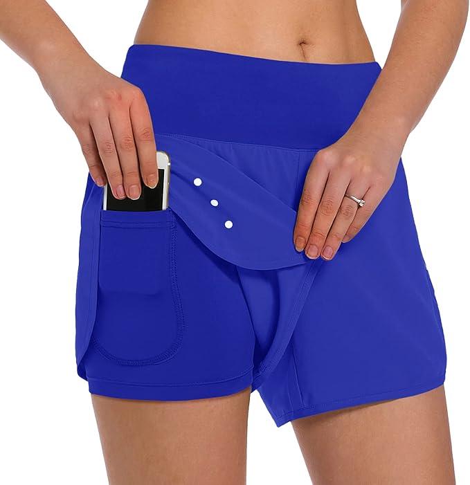 Ksmien Women's 2 in 1 Running Shorts - Lightweight Athletic Workout Gym Yoga Shorts Liner with Phone Pockets M