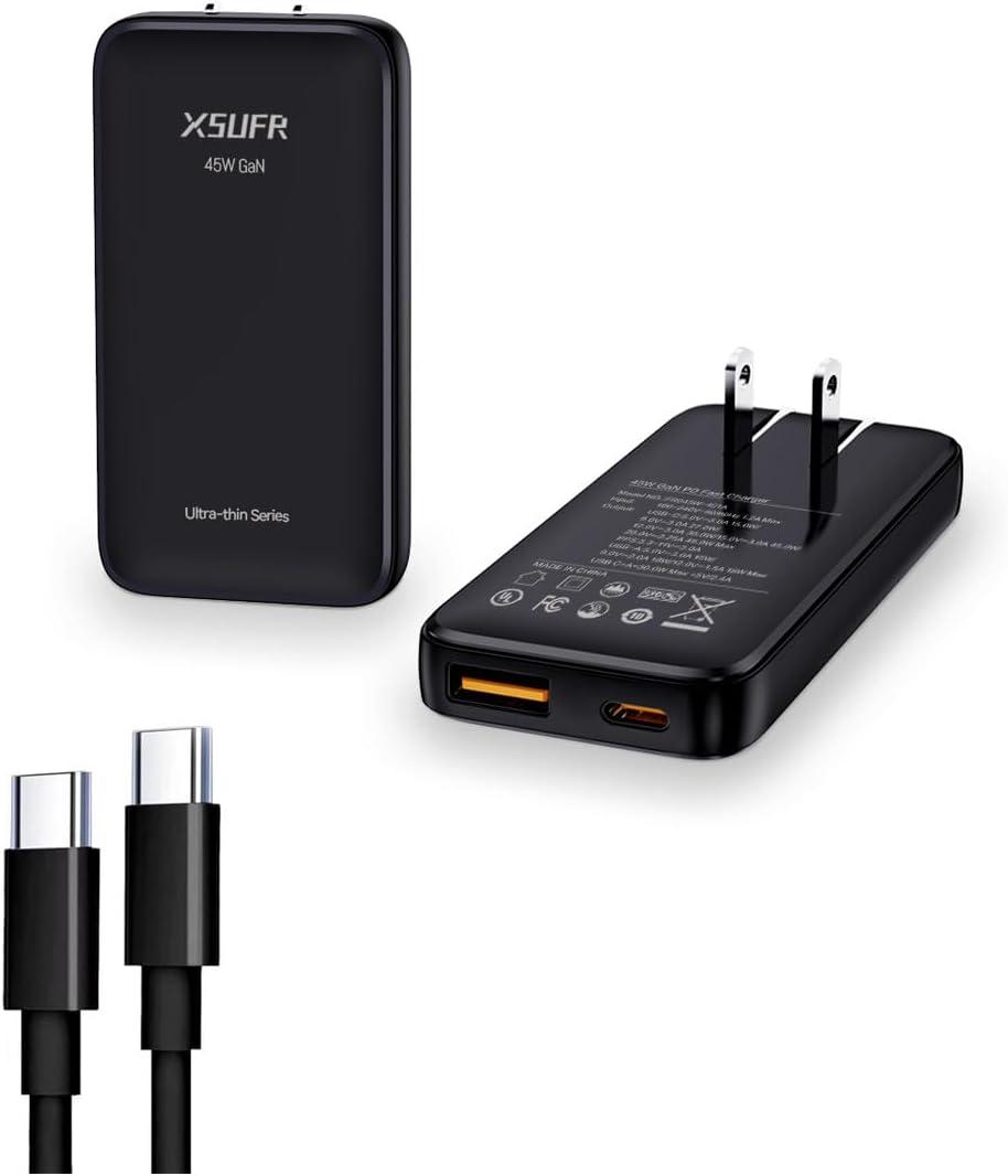 Flat 45W GaN USB Wall Charger with PD 3.0&PPS,Folding 2-Ports for Traveling,Super Fast Charging for Laptops, Tablets, Phones,Includes 2.28ft Fast Charging Cable, Black