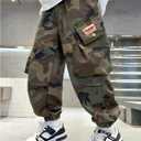 GORGLITTER Boy's Camo Cargo Pants Joggers Baggy Fall Elastic Waist Wide Led Casual Hunting Pants with Pockets 2025 Army Green 10 Years