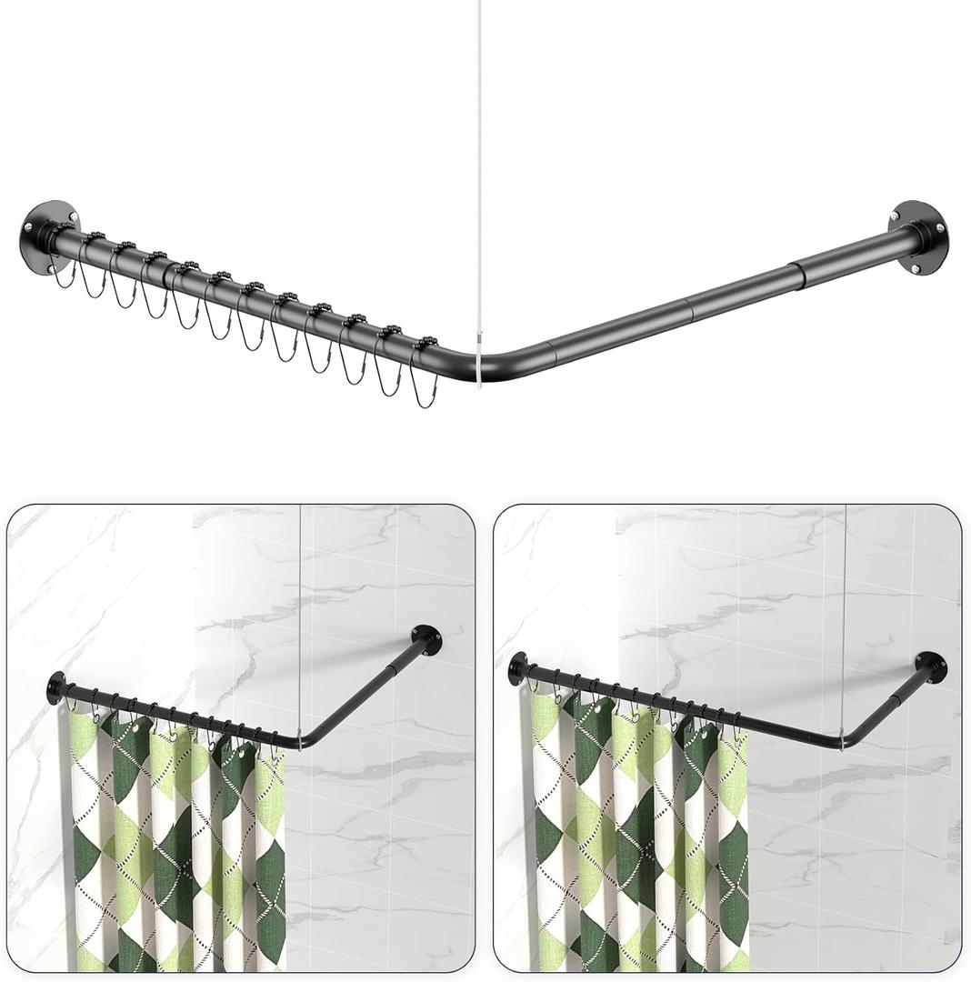 L Shaped Shower Curtain Rods, Adjustable (23''-69'' X 23''-69'') Corner Shower Rod with 12 Shower Curtain Rings, All 304 Stainless Steel, for Bathroom, Bathtub, Clothing Store, Need to Drill, Black