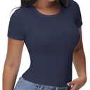EasyFair Womens T Shirts Basic Short Sleeve Crew Neck Slim Fit Tees Summer Workout Casual Bodycon Tops 2025 Navy Blue, medium