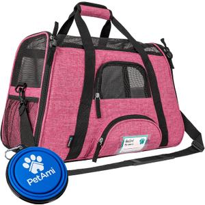 PetAmi Airline Approved Pet Carrier for Cats & Small Dogs, Soft Sided TSA Travel Carrier Bag Sherpa Bed, Breathable Mesh Ventilation, Collapsible Bowl, Fit Under Seat, Up to 18 lbs, Large Heather Pink