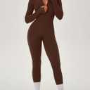 OLCHEE Womens Long Sleeve Workout Jumpsuit Seamless Ribbed Tummy Control Yoga Bodycon Zip Up One Piece Unitard Sculpt Rompers (Brown, S)