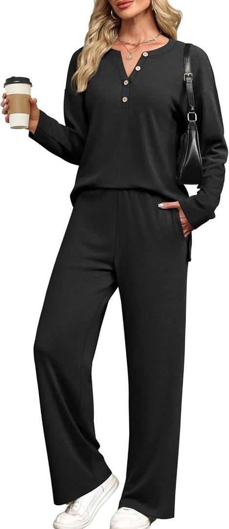 XIEERDUO Lounge Sets for Women 2 Piece V Neck Button Matching Sweatsuit Loungewear Fall Outfits Fashion Clothing Pajamas (Medium, Black)