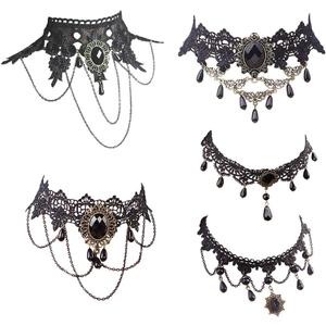 Halloween Elegant Sexy Women Lady Retro Gothic Punk Style Necklace Black Lace Neck Chain Collar Statement Choker Victorian Steampunk Jewelry Party Wedding Princess,5 Pieces/Set