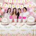 MEHOFOND Fall Pumpkin Plates and Napkins Party Supplies194 Pcs, Pink Floral Disposable Tableware Set with Cups Banner Pumpkin Tablecloth for Girls Baby Shower Dinner Party Decorations, Serves 24