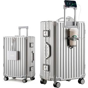 HotWay PC Hard Shell Checked Suitcase with Aluminum Frame, Luggage with Cup Holder and USB Port, Zipperless Luggage for Business Travel (Silver, Checked In 24Inch)