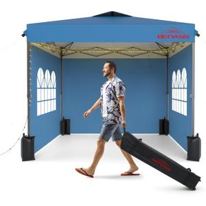 10x10 Pop Up Canopy with Sidewalls, Easy Up Canopy Tent, Heavy Duty Tents for Parties, One Person Set Up Event Tent, Light Blue