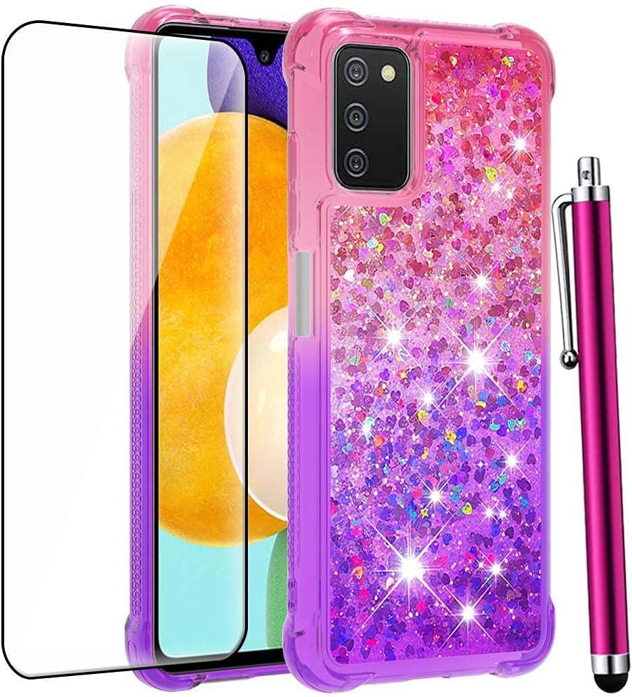 for Samsung Galaxy A03S Case with Glass Screen Protector for Women Girls,Glitter Bling Flowing Liquid Sparkle Cute Soft TPU Shockproof Protective Phone Case for Samsung Galaxy A03S-Pink/Purple